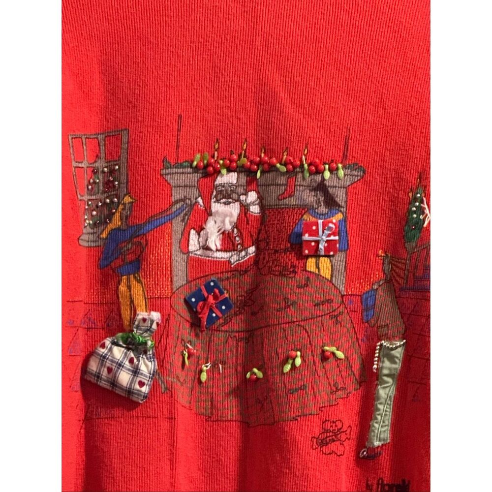 Vintage 80s 3D Christmas Sweatshirt Santa elf L Made in Turkey